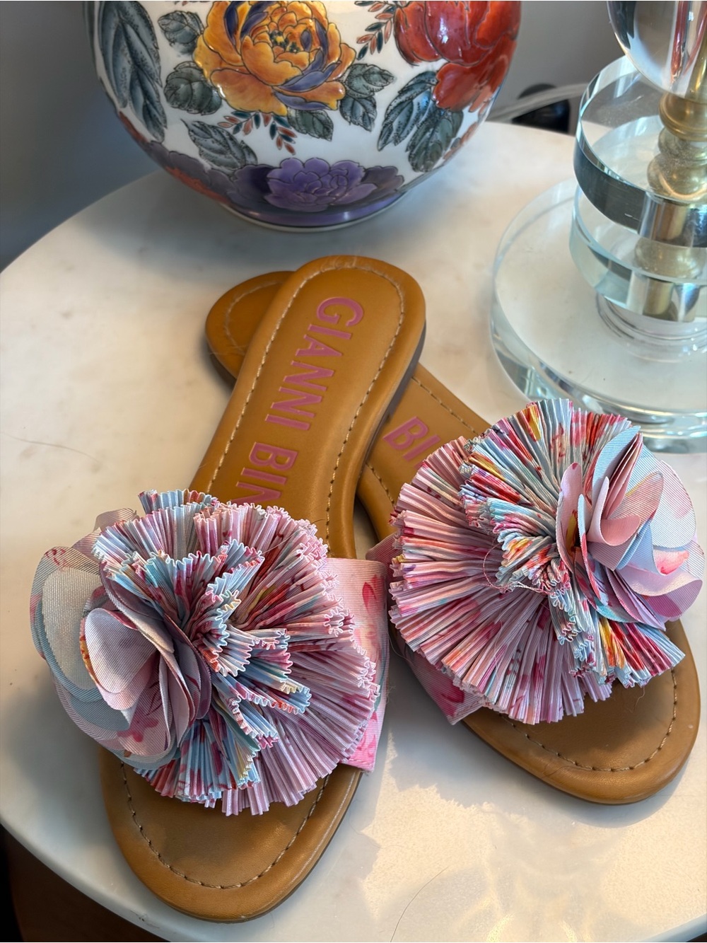 Gianni Bini Pink Multi Floral Pom Slide Sandals